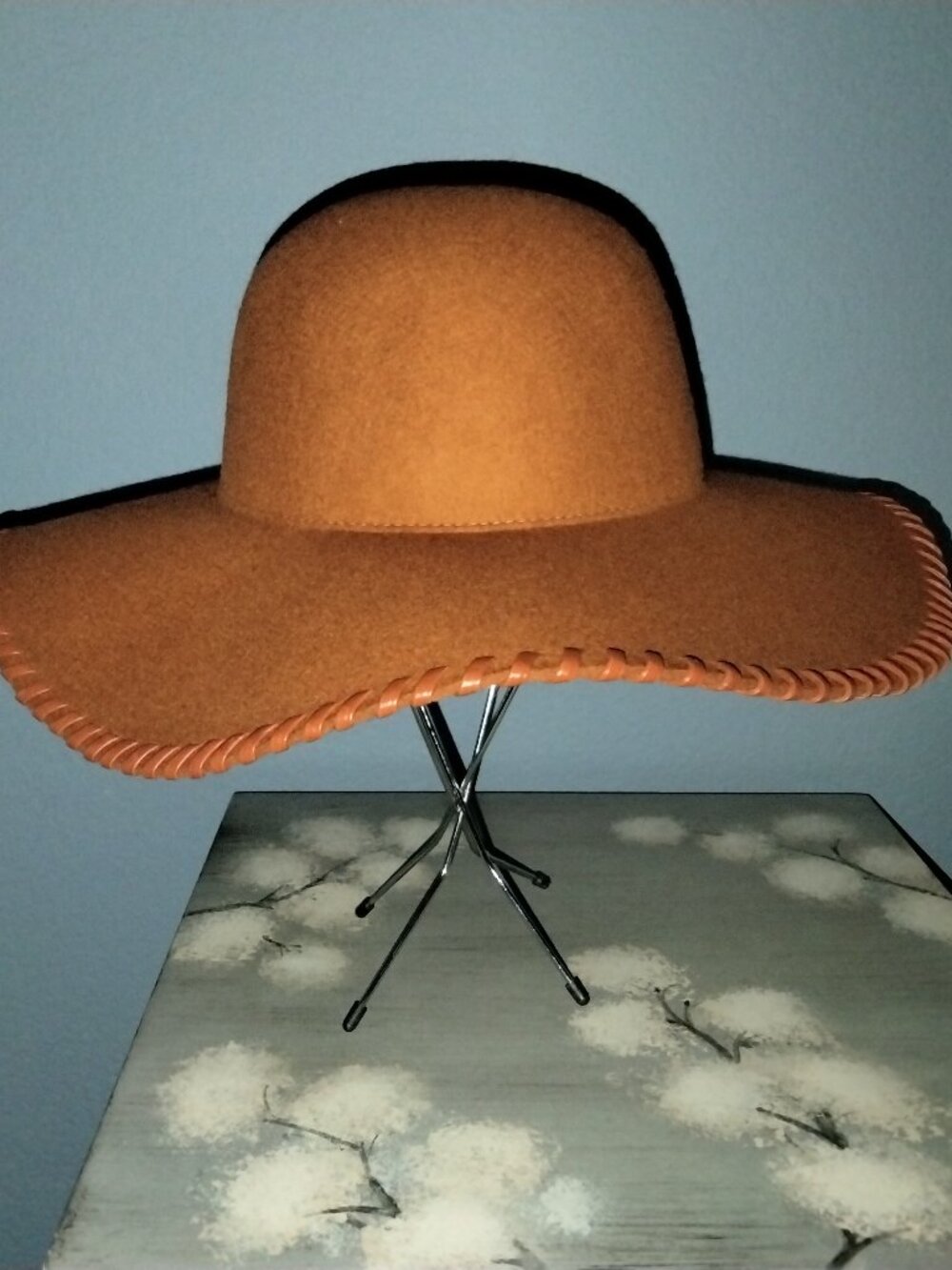 Wide Brim Hat, Cognac Wool with Faux Leather Trim by Phase 3, Boho Chic